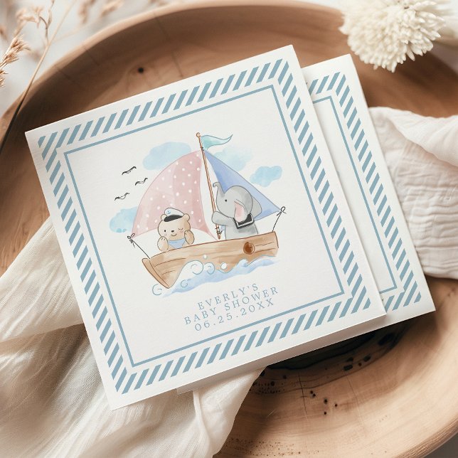 Nautical Elephant Bear Watercolor Boat Baby Shower Napkin (Creator Uploaded)