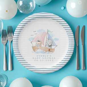 Nautical Elephant Bear Watercolor Boat Baby Shower Paper Plate