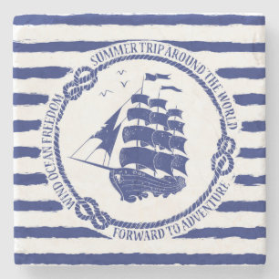 Nautical Emblem With Sailing Ship Stone Coaster