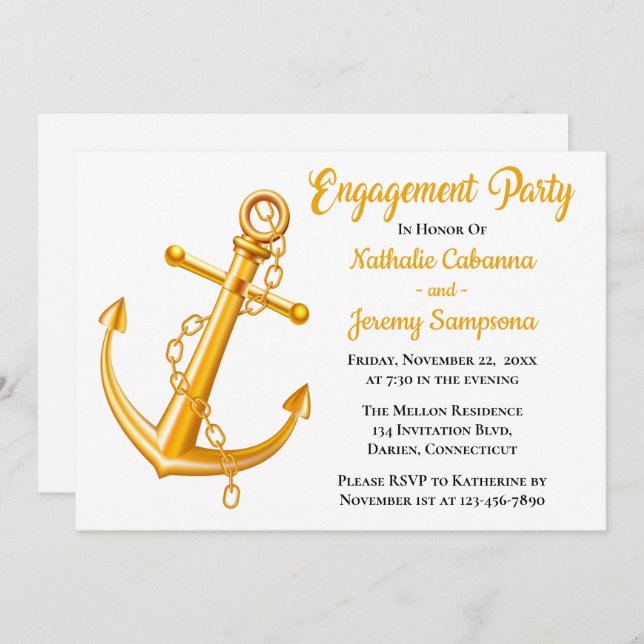 Nautical Engagement Gold Anchor Wedding Beach Boat Invitation (Front/Back)