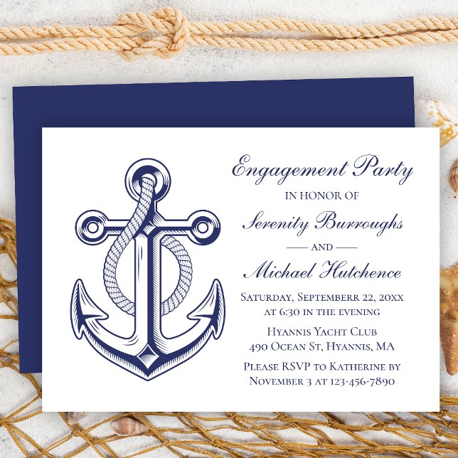 Nautical Engagement Party Navy Blue Anchor Wedding Invitation (Creator Uploaded)