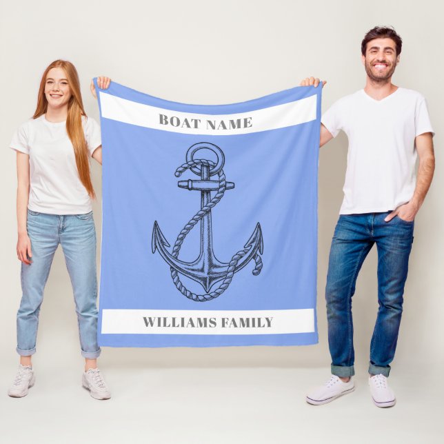 "Nautical Escape" Personalised Boat Name Anchor  Fleece Blanket (In Situ)