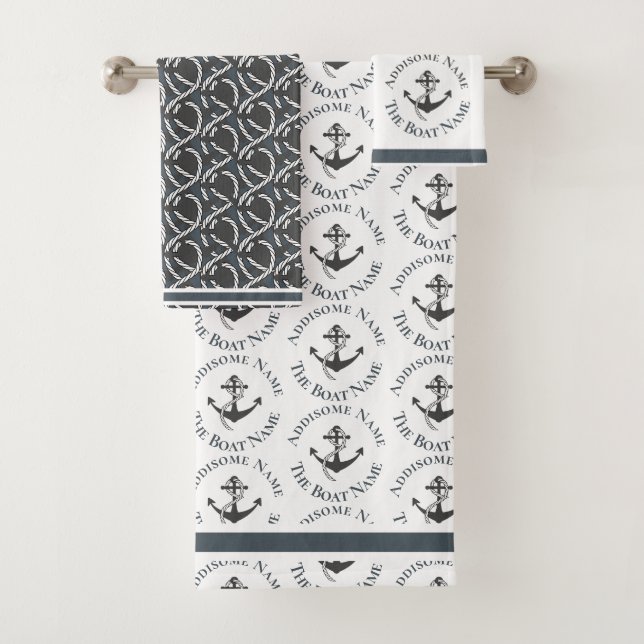 Nautical Family Boat Name Navy Anchor Black Grey Bath Towel Set (Insitu)
