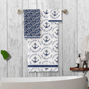 Nautical Family Boat Name Navy Anchor  grey wood   Bath Towel Set