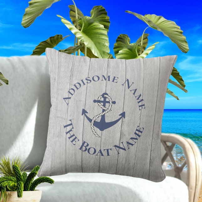 Nautical Family Boat Name Navy Anchor  grey wood  Cushion (Creator Uploaded)