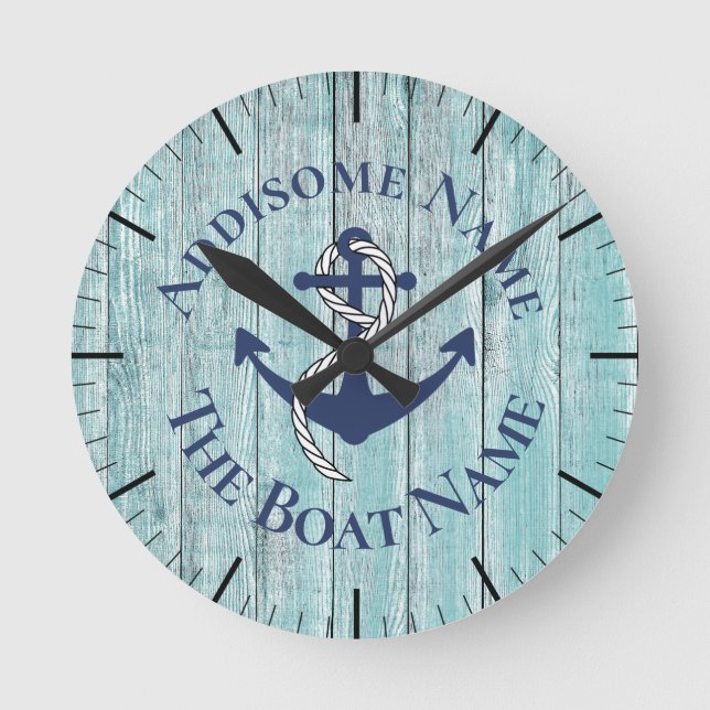 Nautical Family Boat Name Navy Anchor  grey wood   Round Clock (Front)
