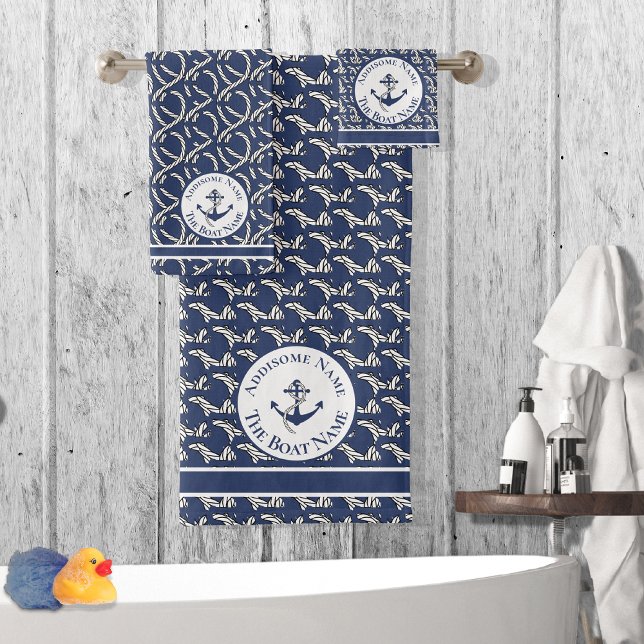 Nautical Family Boat Name Navy Blue  Anchor White  Bath Towel Set (Creator Uploaded)