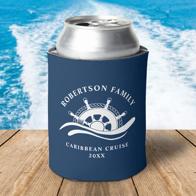 Nautical Family Cruise Ship Wheel Navy Blue Can Cooler (Creator Uploaded)