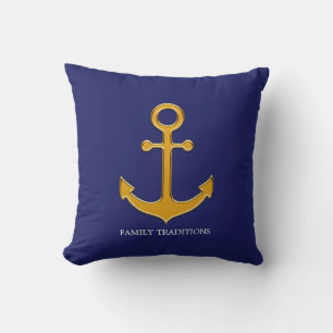 Nautical Family Gold Anchor on Blue Cushion