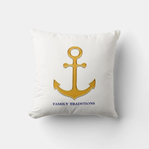Nautical Family Golden Anchor on White Cushion