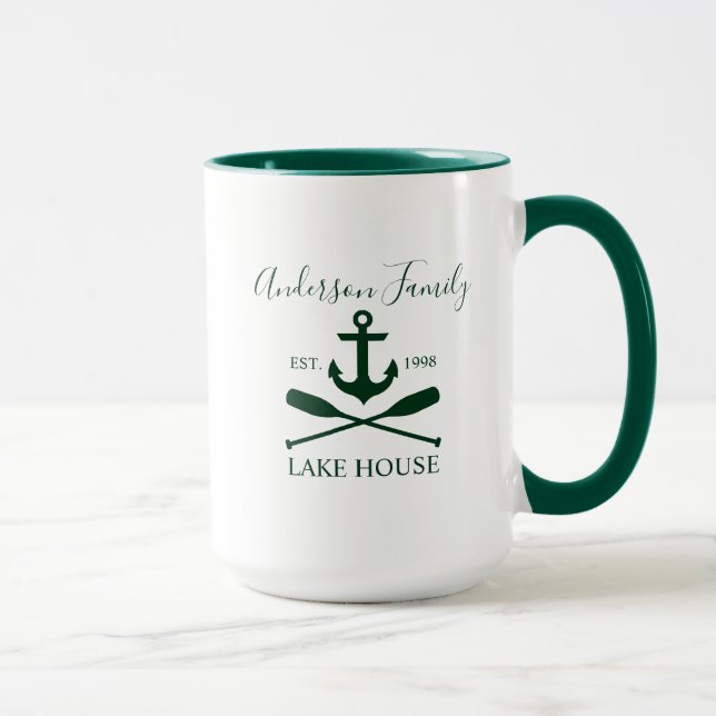 Nautical Family Lake House Anchor Oars Green Large Mug (Right)