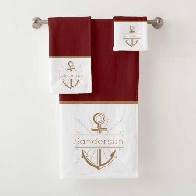  Nautical Family Monogram Burgundy Gold Anchor  Bath Towel Set (Insitu)