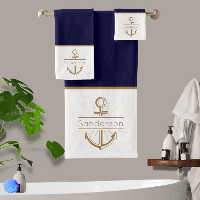  Nautical Family Monogram Navy Blue Gold Anchor Bath Towel Set (Creator Uploaded)