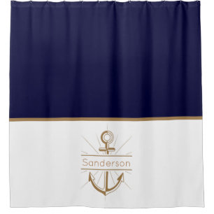Nautical Family Monogram Navy Blue Gold Anchor Shower Curtain