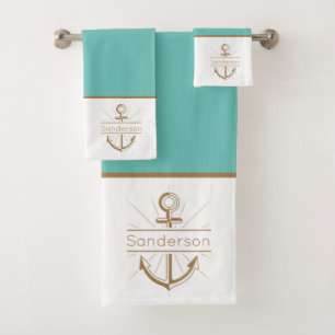 Nautical Family Monogram Teal Blue Gold Anchor Bath Towel Set