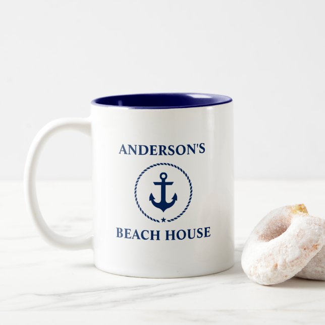 Nautical Family Name Beach House Navy Blue Anchor Two-Tone Coffee Mug (With Donut)