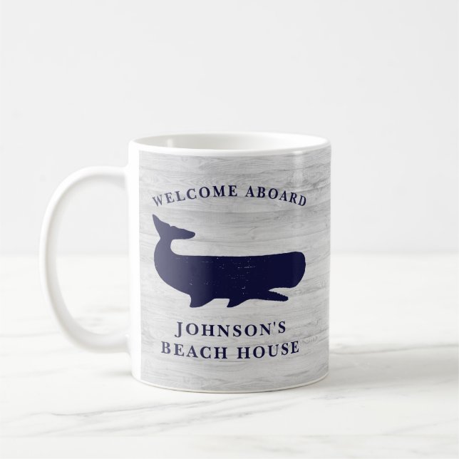 Nautical Family Name Beach House Whale Navy Blue  Coffee Mug (Left)