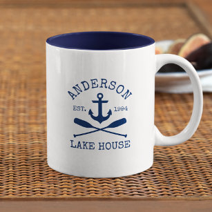 Nautical Family Name Lake House Blue Anchor Oars Two-Tone Coffee Mug
