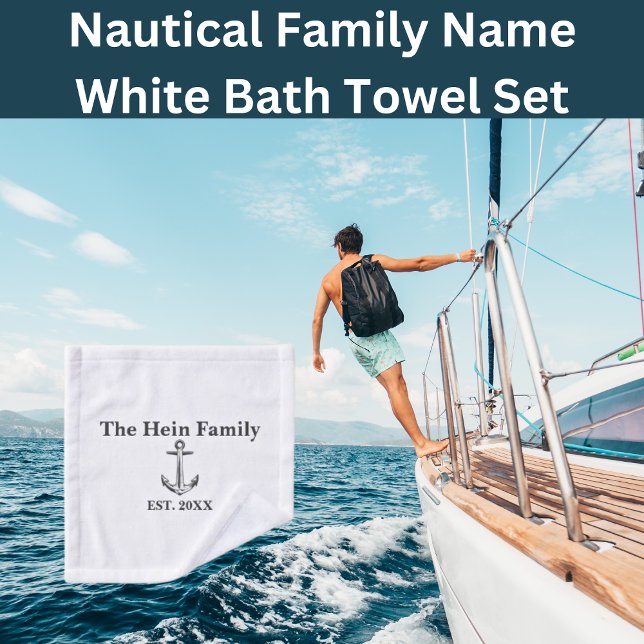 Nautical Family Name White Bath Towel Set (Monogrammed Nautical Bathroom Towel Set  )
