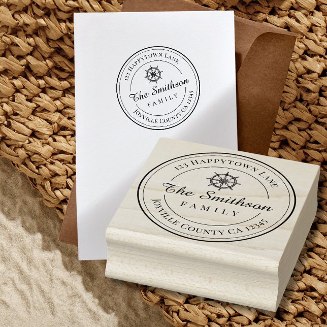 Nautical Family Return Address Wood Art Stamp (Return Address Wood Art Stamp with nautical ship wheel graphic)
