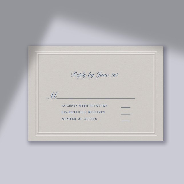 Nautical Faux Embossed Blue Modern Classic Wedding RSVP Card (wedding rsvp card traditional classic formal response reply card faux embossed nautical double frame)