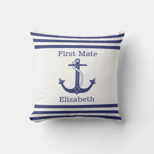 Nautical First Mate Blue Anchor Add Name Cushion (Front)
