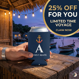 Nautical First Mate Watercolor Anchor Monogram Can Cooler