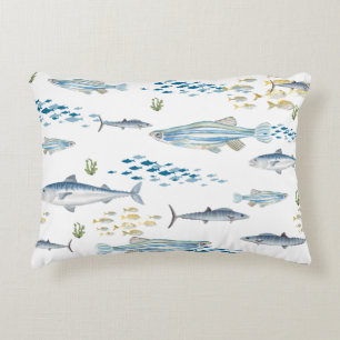 Nautical Fish Pattern Blue Coast Beachy Decorative Cushion