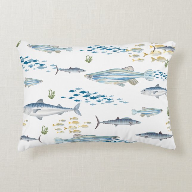 Nautical Fish Pattern Blue Coast Beachy Decorative Cushion (Front)