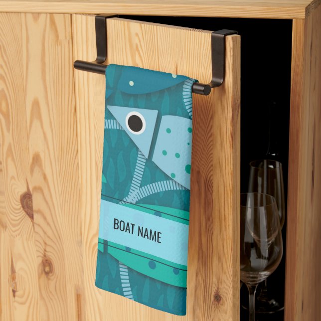 Nautical  Fish Pattern Boat Name Tea Towel (Thirds Fold)