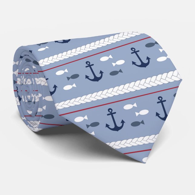 Nautical Fish Sailing Boating Red White Blue Tie (Rolled)