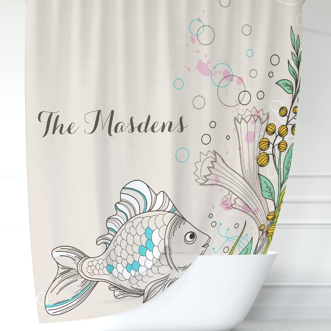 Nautical Fish Seaweed Coral Ocean Monogram Shower Curtain (Creator Uploaded)