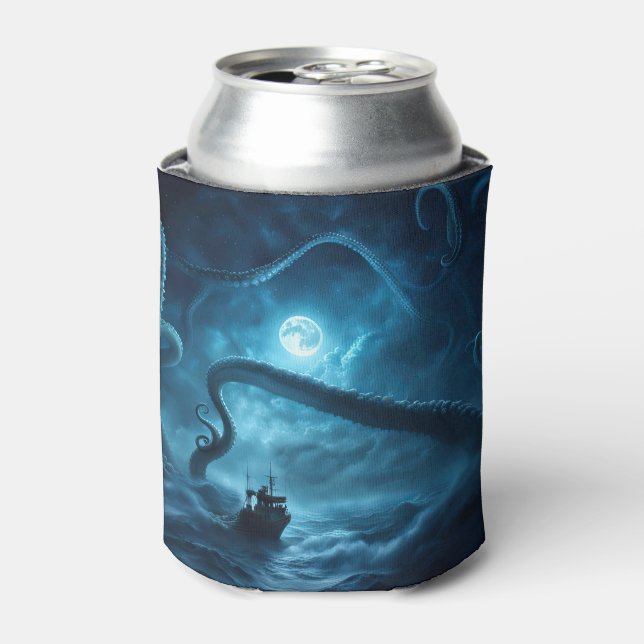 Nautical Fishing Boat and Giant Octopus Kraken  Can Cooler (Can Front)