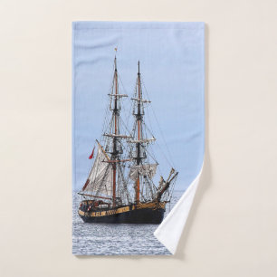 Nautical Fishing Boat Blue Skies Hand Towel