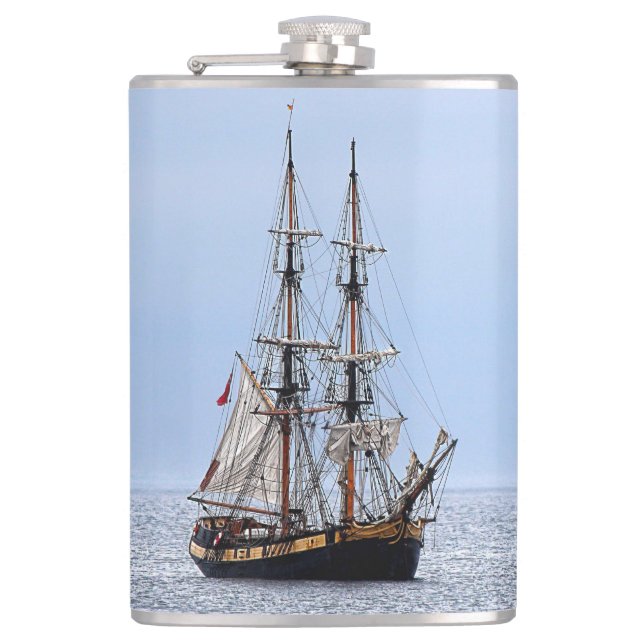 Nautical Fishing Boat Blue Skies Hip Flask (Front)