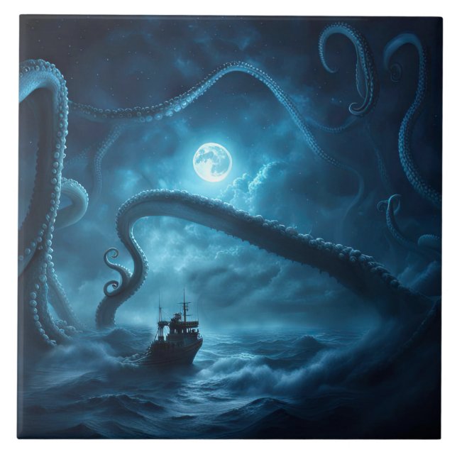 Nautical Fishing Boat Giant Octopus Art Ceramic Tile (Front)