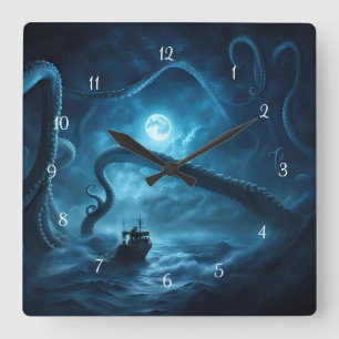 Nautical Fishing Boat Ocean with Giant Octopus Square Wall Clock