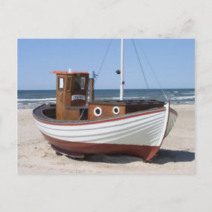Nautical Fishing Boat sitting on Sandy Ocean Beach Postcard