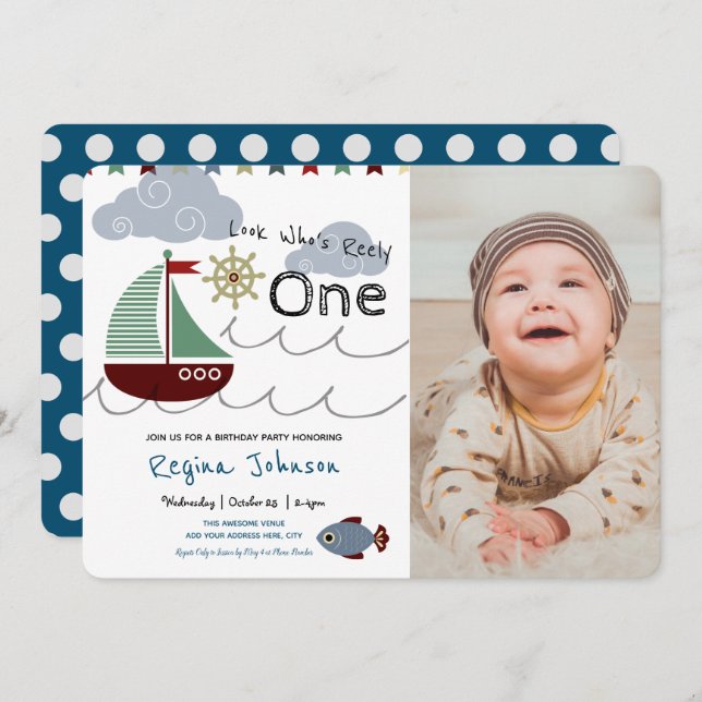 Nautical Fishing Party 1st Birthday Invitation (Front/Back)