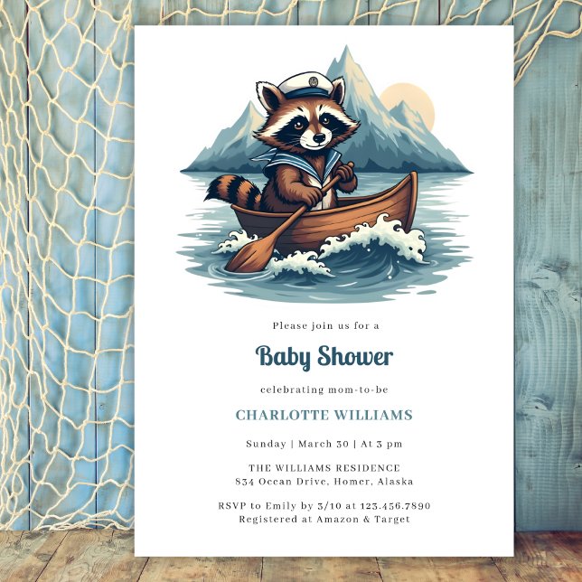 Nautical Fishing Sailor Racoon Boy Baby Shower Invitation (Nautical Boy Baby Shower Invitation with Cute Fishing Raccoon and Mountain Scene)