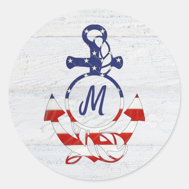 Nautical Flag Anchor on Wood  Classic Round Sticker (Front)