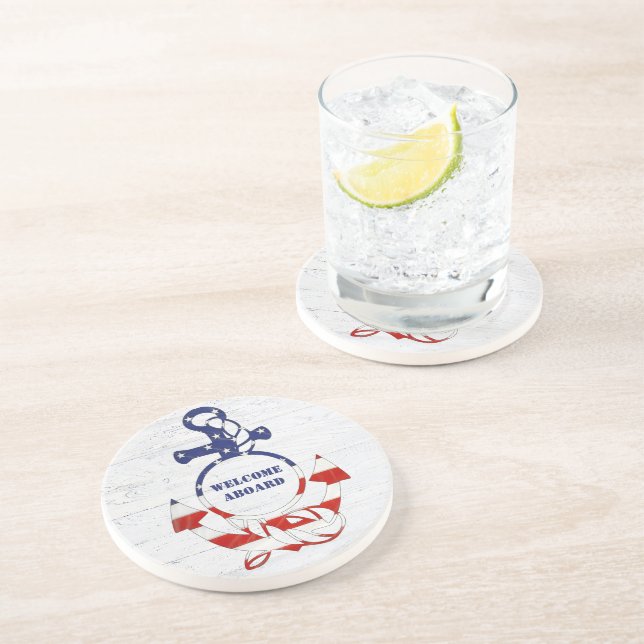 Nautical Flag Anchor on Wood Coaster (Side)