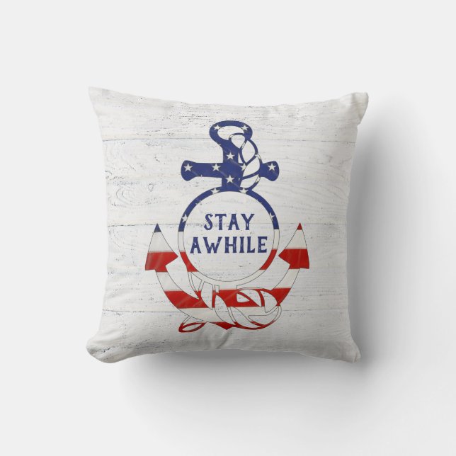 Nautical Flag Anchor on Wood Cushion (Front)