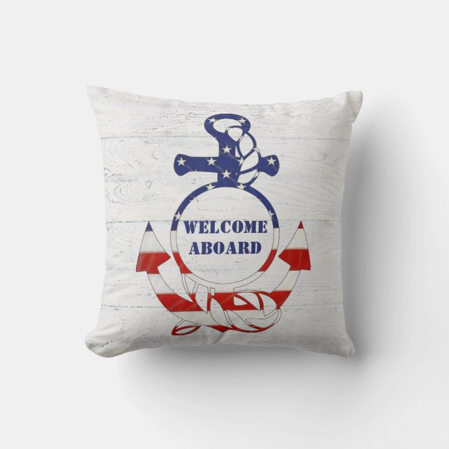 Nautical Flag Anchor on Wood Cushion (Front)