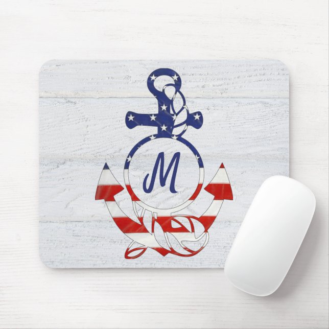 Nautical Flag Anchor on Wood Mouse Pad (With Mouse)