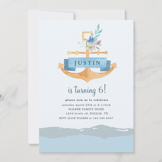 nautical floral anchor Birthday Invitation (Front)