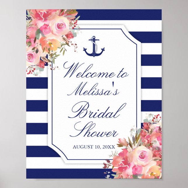 Nautical Floral Anchor Blue Stripe Bridal Shower Poster (Front)