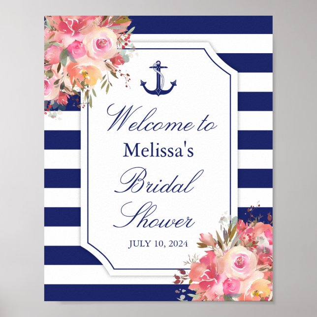 Nautical Floral Anchor Blue Stripe Bridal Shower Poster (Front)