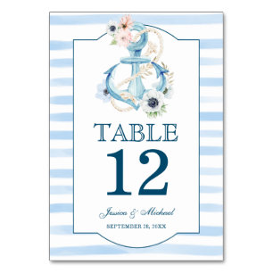 Nautical Floral Anchor Blue Stripes Beach Wedding Table Number