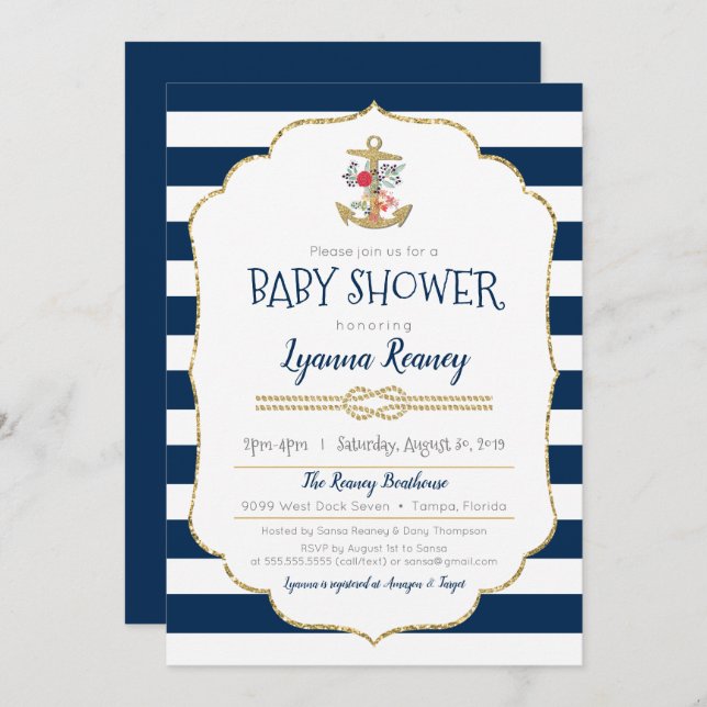 Nautical Floral Anchor Navy Blue Baby Shower Invitation (Front/Back)